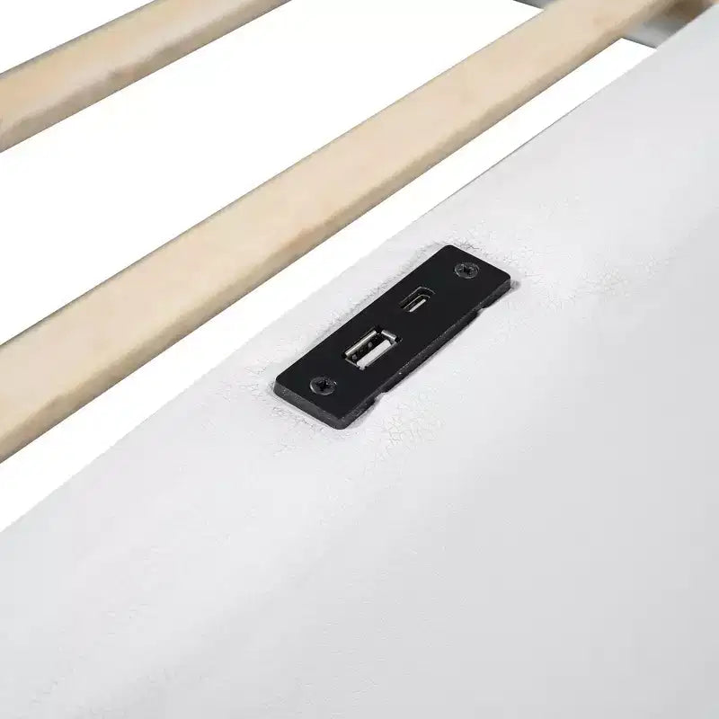 Lit plateforme moderne double Luxystar en tissu avec garde-corps, ports USB et Type-C