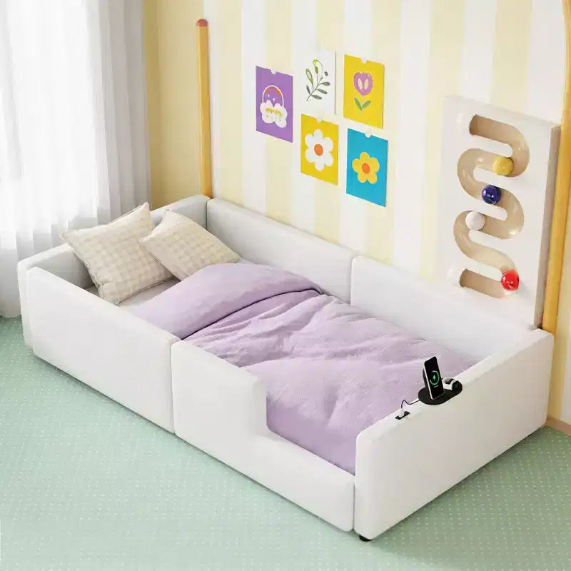 Lit plateforme moderne double Luxystar en tissu avec garde-corps, ports USB et Type-C