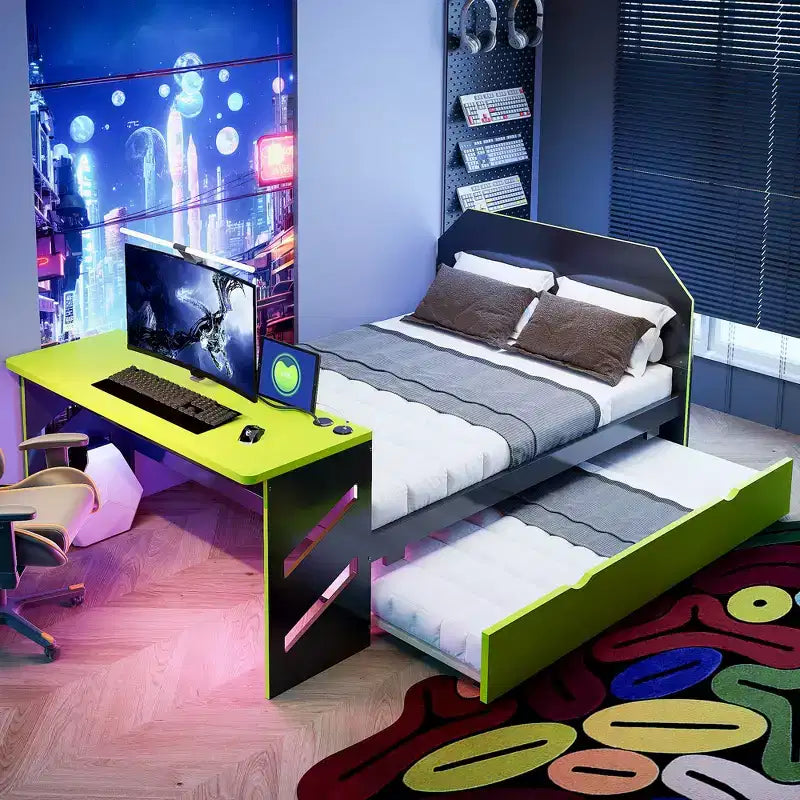 Lit de repos pleine grandeur avec lit gigogne, lit de jeu avec bureau et port USB pour chambres d'étudiants ou chambres d'amis