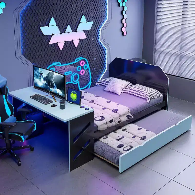 Lit de repos pleine grandeur avec lit gigogne, lit de jeu avec bureau et port USB pour chambres d'étudiants ou chambres d'amis