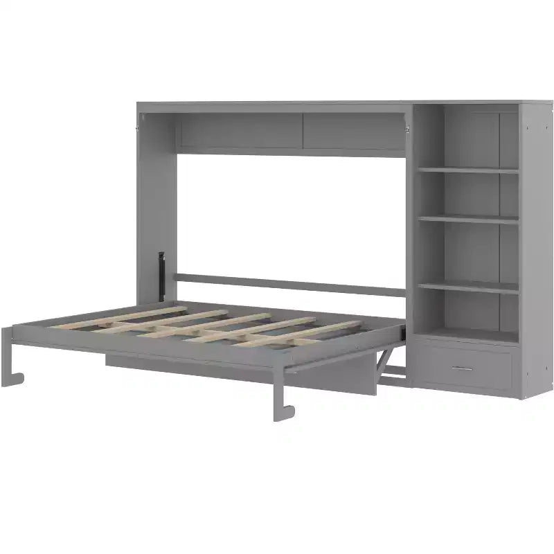 Lit escamotable Queen Size avec étagère, lit mural Queen en bois avec rangements, lit-coffre mural pliant pour petit espace
