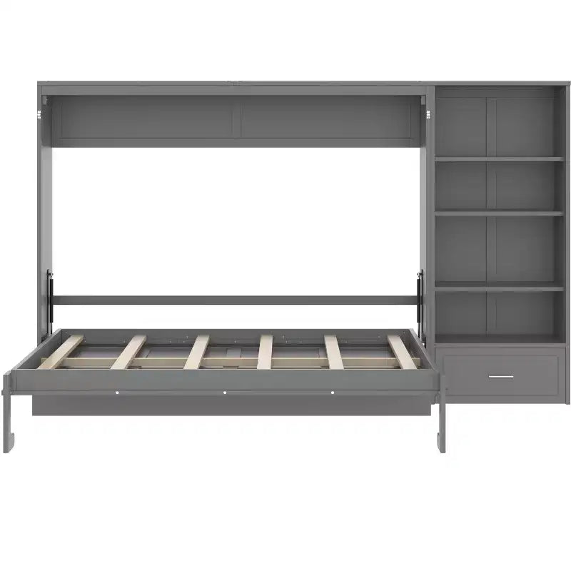 Lit escamotable Queen Size avec étagère, lit mural Queen en bois avec rangements, lit-coffre mural pliant pour petit espace