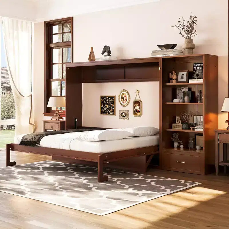 Lit escamotable Queen Size avec étagère, lit mural Queen en bois avec rangements, lit-coffre mural pliant pour petit espace