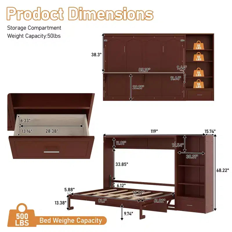 Lit escamotable Queen Size avec étagère, lit mural Queen en bois avec rangements, lit-coffre mural pliant pour petit espace