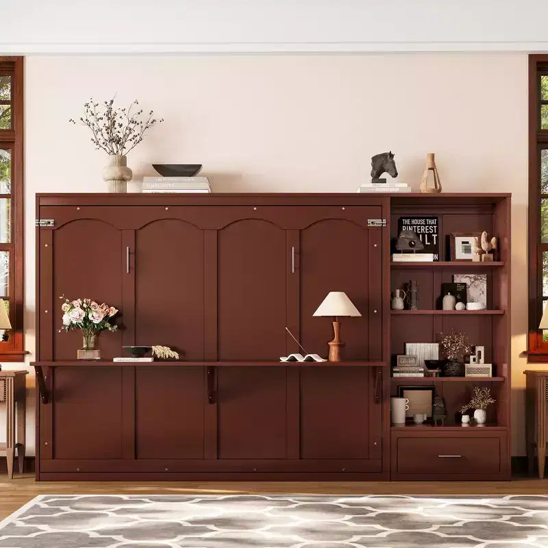Lit escamotable Queen Size avec étagère, lit mural Queen en bois avec rangements, lit-coffre mural pliant pour petit espace