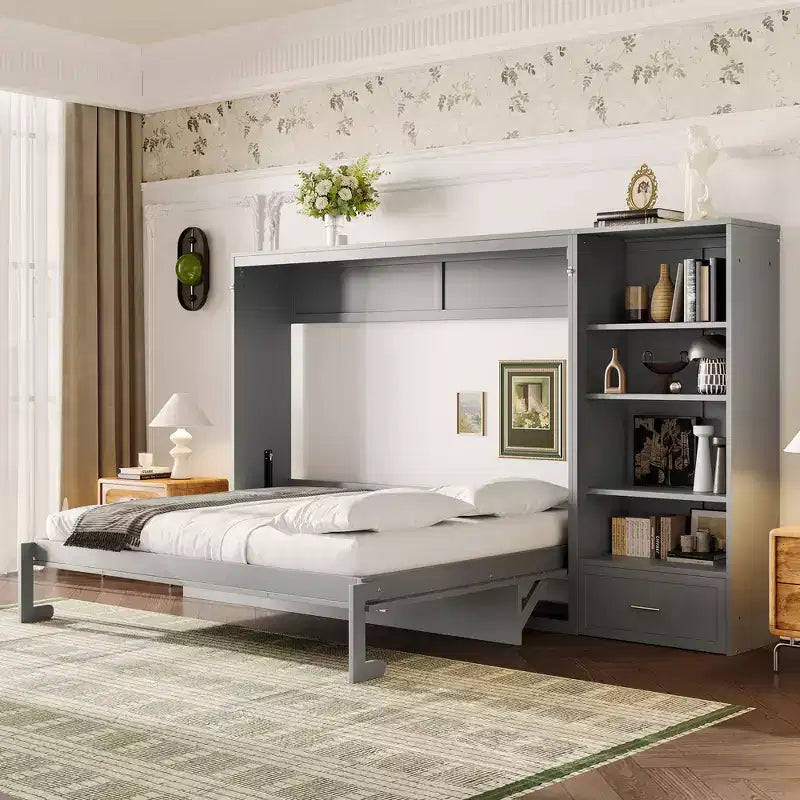 Lit escamotable Queen Size avec étagère, lit mural Queen en bois avec rangements, lit-coffre mural pliant pour petit espace