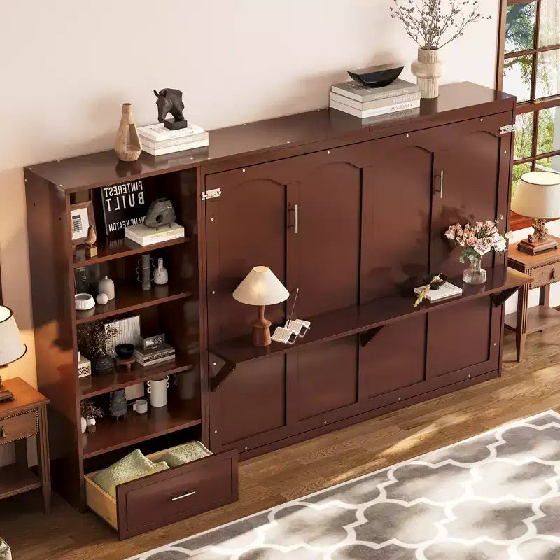 Lit escamotable Queen Size avec étagère, lit mural Queen en bois avec rangements, lit-coffre mural pliant pour petit espace
