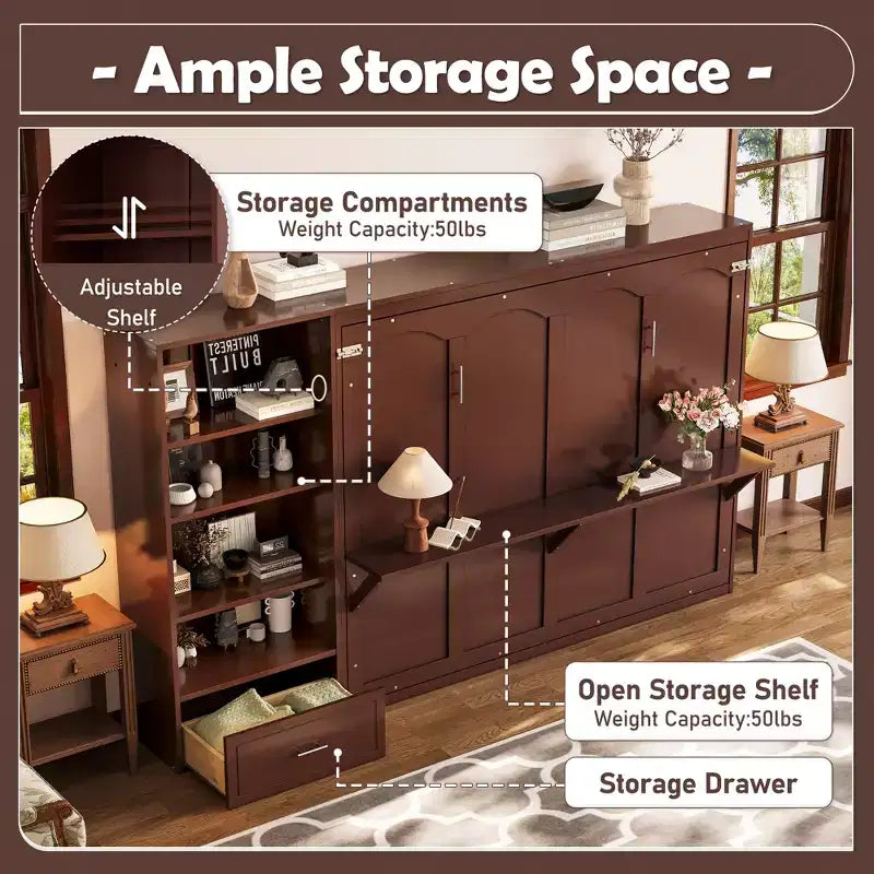 Lit escamotable Queen Size avec étagère, lit mural Queen en bois avec rangements, lit-coffre mural pliant pour petit espace