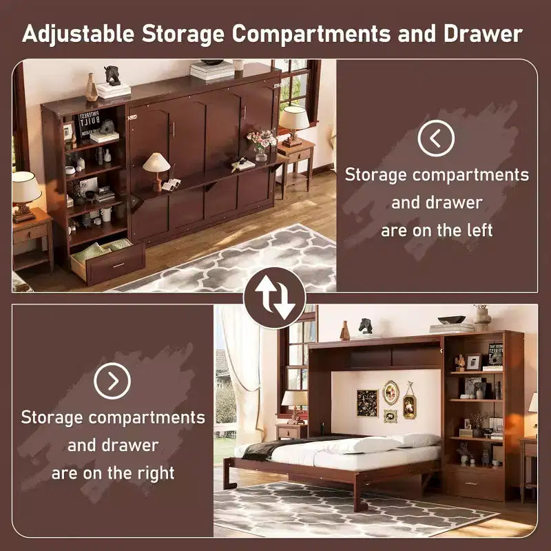 Lit escamotable Queen Size avec étagère, lit mural Queen en bois avec rangements, lit-coffre mural pliant pour petit espace