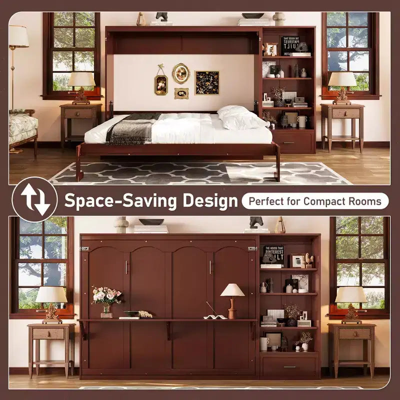Lit escamotable Queen Size avec étagère, lit mural Queen en bois avec rangements, lit-coffre mural pliant pour petit espace