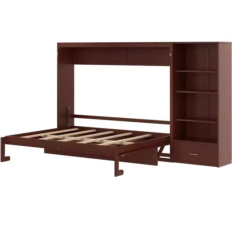 Lit escamotable Queen Size avec étagère, lit mural Queen en bois avec rangements, lit-coffre mural pliant pour petit espace