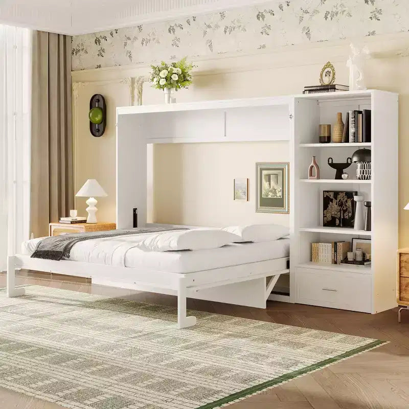 Lit escamotable Queen Size avec étagère, lit mural Queen en bois avec rangements, lit-coffre mural pliant pour petit espace