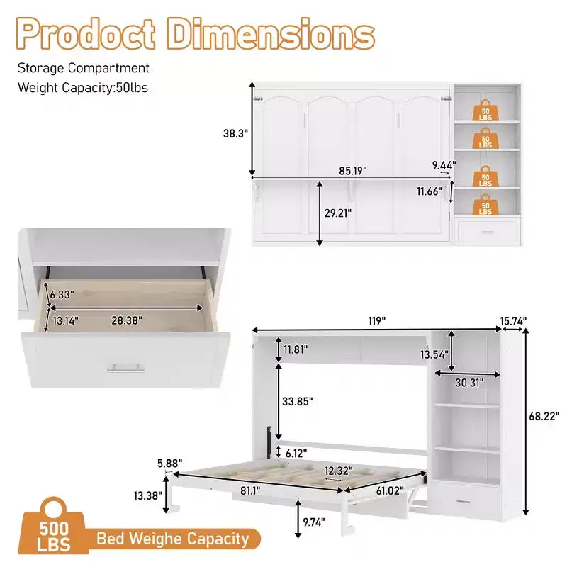 Lit escamotable Queen Size avec étagère, lit mural Queen en bois avec rangements, lit-coffre mural pliant pour petit espace