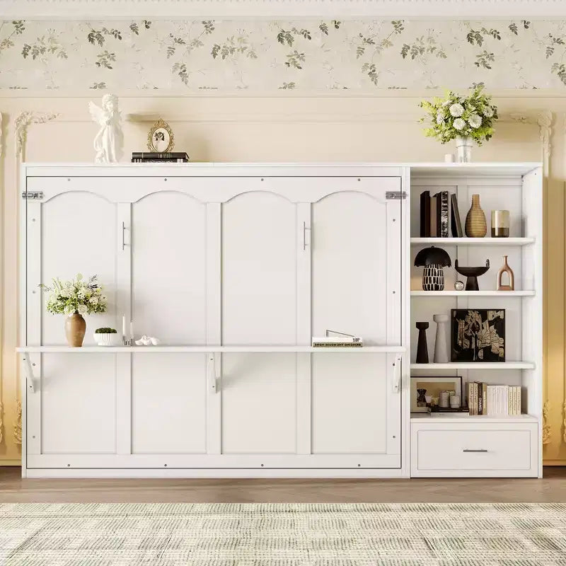 Lit escamotable Queen Size avec étagère, lit mural Queen en bois avec rangements, lit-coffre mural pliant pour petit espace