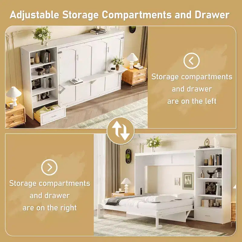 Lit escamotable Queen Size avec étagère, lit mural Queen en bois avec rangements, lit-coffre mural pliant pour petit espace