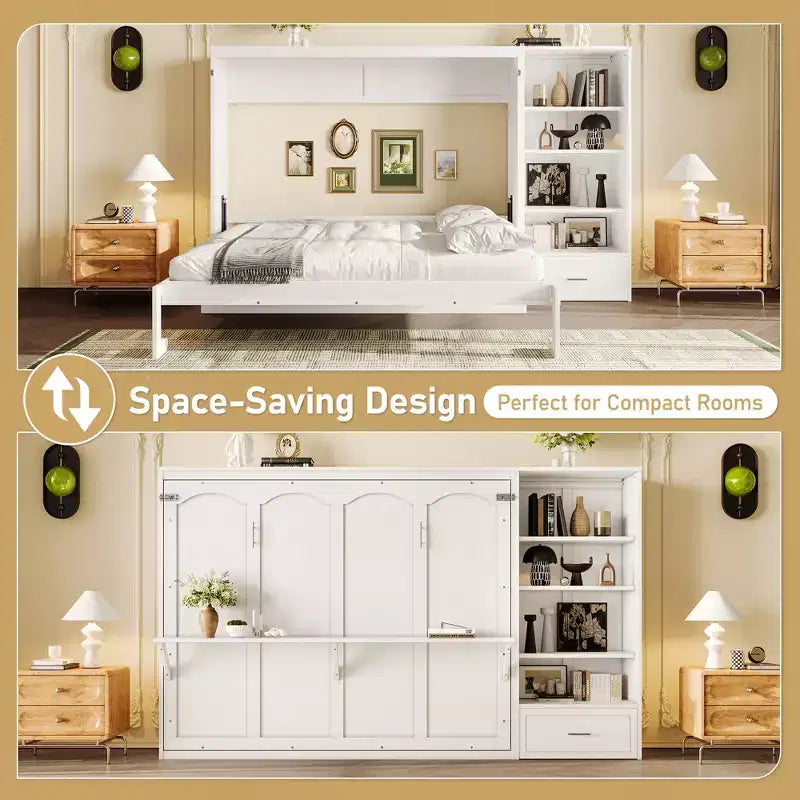 Lit escamotable Queen Size avec étagère, lit mural Queen en bois avec rangements, lit-coffre mural pliant pour petit espace