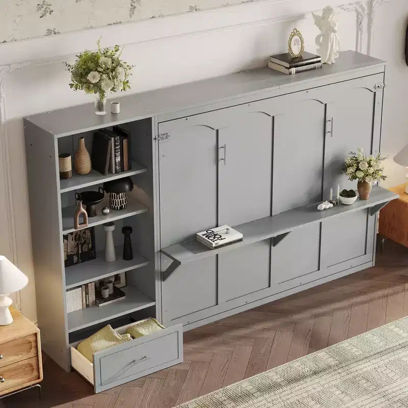Lit escamotable Queen Size avec étagère, lit mural Queen en bois avec rangements, lit-coffre mural pliant pour petit espace