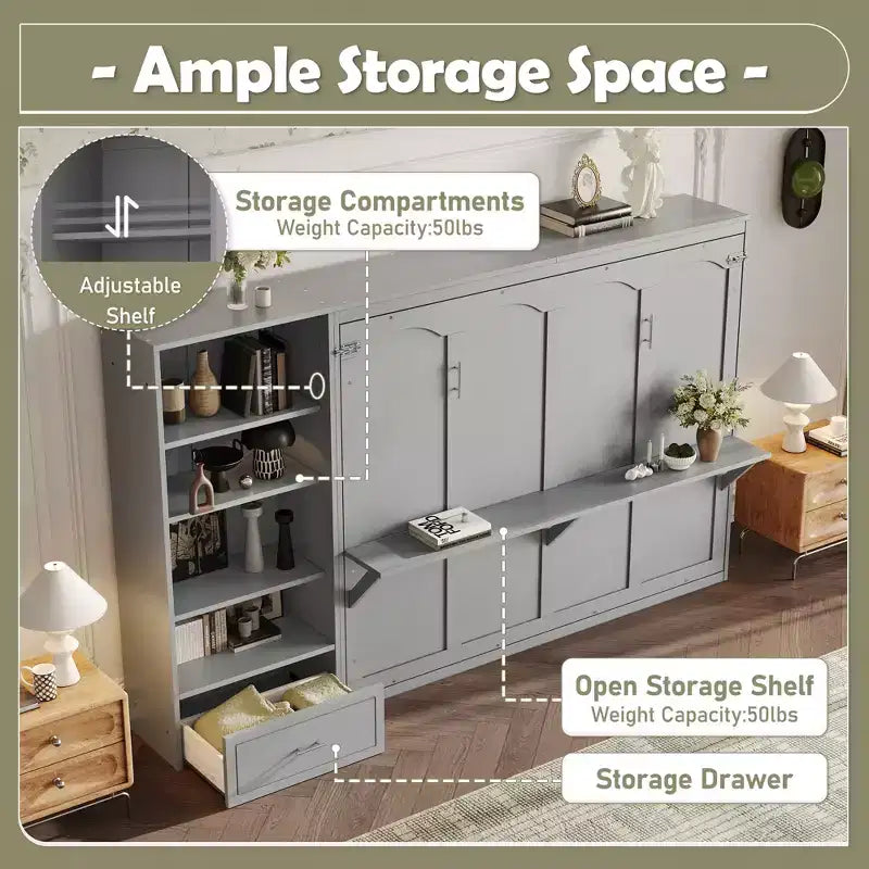 Lit escamotable Queen Size avec étagère, lit mural Queen en bois avec rangements, lit-coffre mural pliant pour petit espace