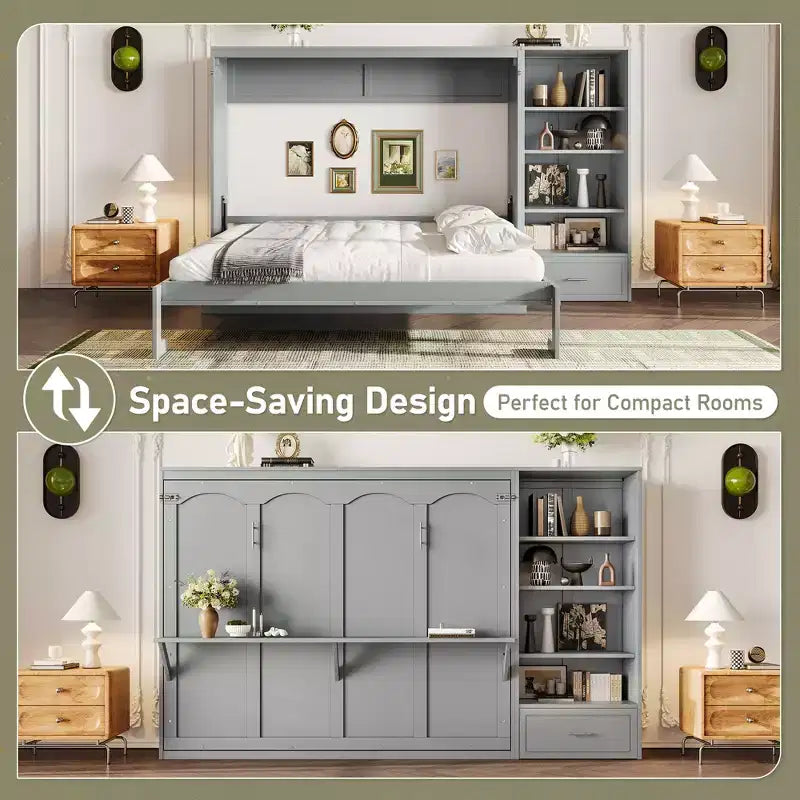 Lit escamotable Queen Size avec étagère, lit mural Queen en bois avec rangements, lit-coffre mural pliant pour petit espace
