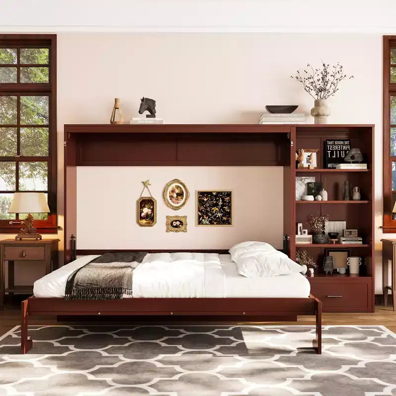 Lit escamotable Queen Size avec étagère, lit mural Queen en bois avec rangements, lit-coffre mural pliant pour petit espace