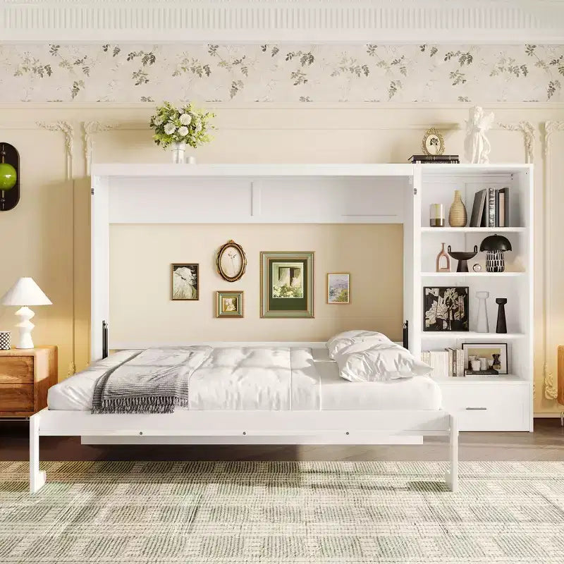 Lit escamotable Queen Size avec étagère, lit mural Queen en bois avec rangements, lit-coffre mural pliant pour petit espace