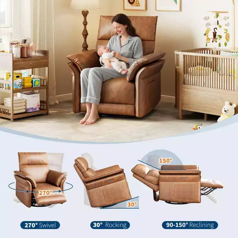 Fauteuil inclinable électrique, fauteuil à bascule pivotant à 270° avec port USB, revêtement en cuir PU, accoudoirs à double épaisseur, fauteuil pour chambre de bébé/salon