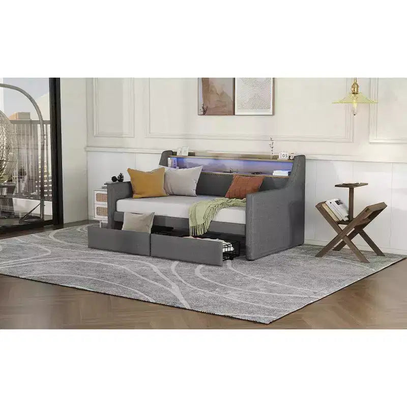 Bellemave Twin Size Daybed with Trundle and Drawers,Daybeds with Charging Station and LED Lights,Upholstered Day Beds for Kids,Teens and Adults,Gray