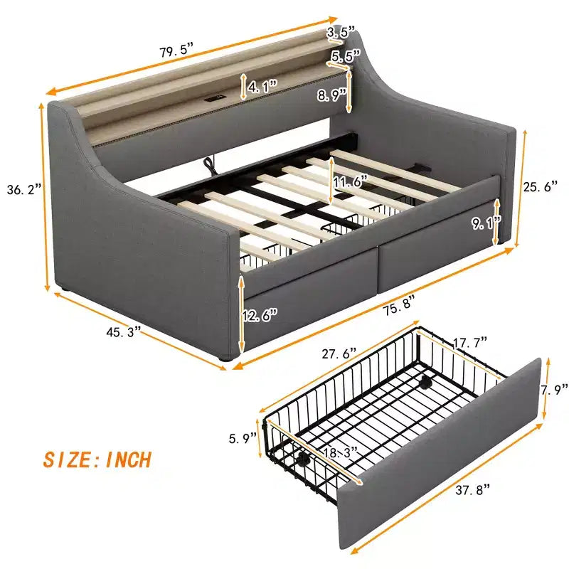 Lit de repos double Bellemave avec lit gigogne et tiroirs, lits de repos avec station de recharge et lumières LED, lits de repos rembourrés pour enfants, adolescents et adultes, gris