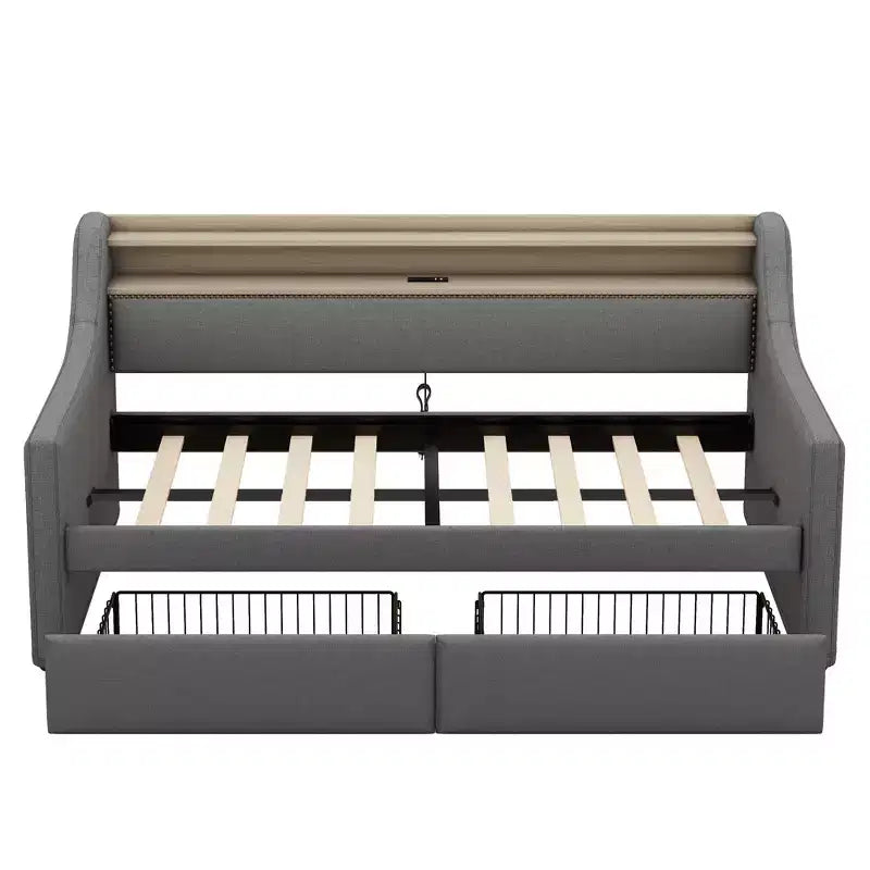 Lit de repos double Bellemave avec lit gigogne et tiroirs, lits de repos avec station de recharge et lumières LED, lits de repos rembourrés pour enfants, adolescents et adultes, gris