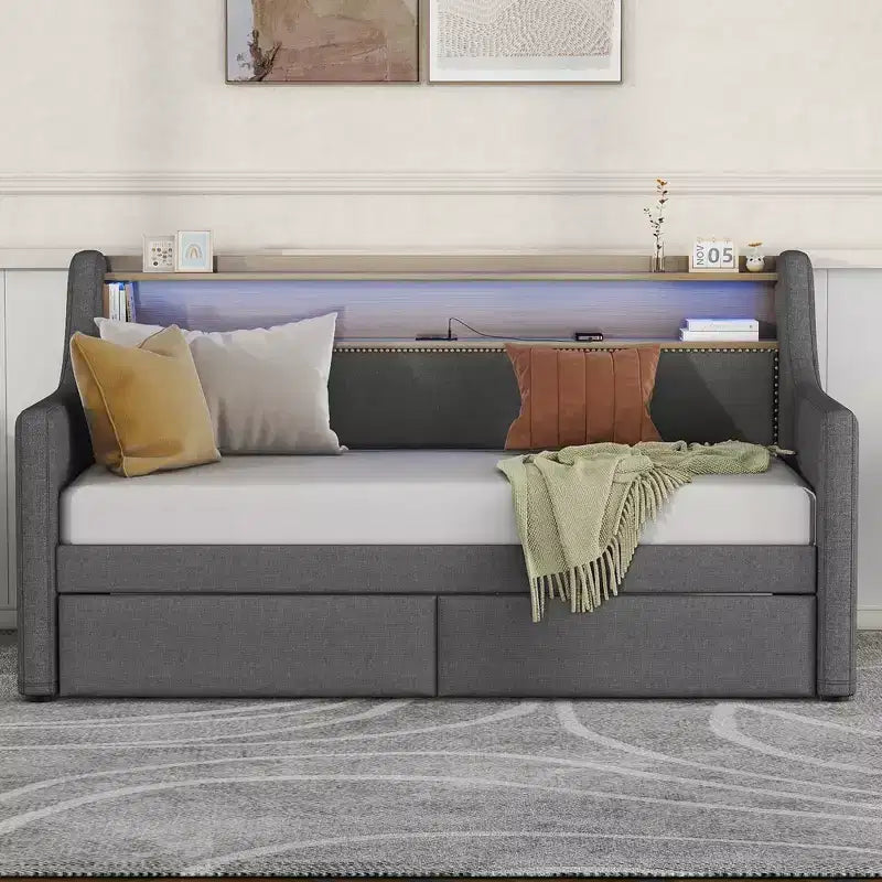 Lit de repos double Bellemave avec lit gigogne et tiroirs, lits de repos avec station de recharge et lumières LED, lits de repos rembourrés pour enfants, adolescents et adultes, gris
