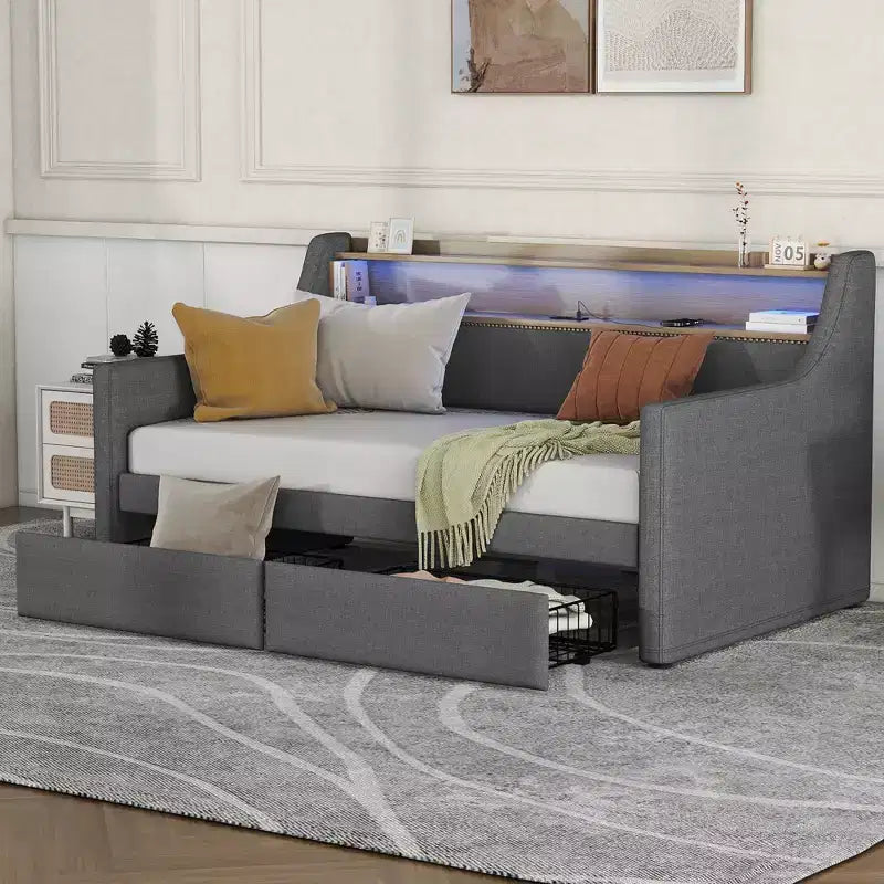 Lit de repos double Bellemave avec lit gigogne et tiroirs, lits de repos avec station de recharge et lumières LED, lits de repos rembourrés pour enfants, adolescents et adultes, gris
