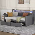 Lit de repos double Bellemave avec lit gigogne et tiroirs, lits de repos avec station de recharge et lumières LED, lits de repos rembourrés pour enfants, adolescents et adultes, gris
