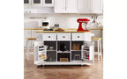 JVNOXK 53-inch 5-wheel kitchen island with 2 bar stool sockets, folding tabletop, open side shelves, and drawers. Suitable for kitchens. White