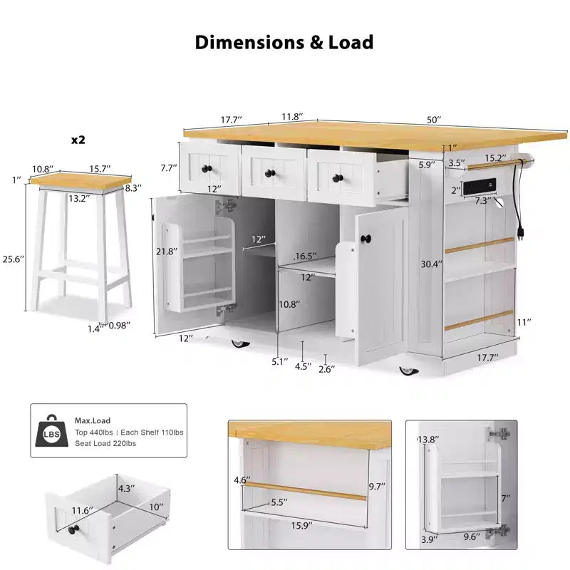 JVNOXK Îlot de cuisine 5 roues de 135 cm avec 2 supports pour tabourets de bar, plateau pliant, étagères latérales ouvertes et tiroirs. Convient aux cuisines. Blanc