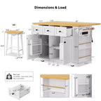 JVNOXK Îlot de cuisine 5 roues de 135 cm avec 2 supports pour tabourets de bar, plateau pliant, étagères latérales ouvertes et tiroirs. Convient aux cuisines. Blanc