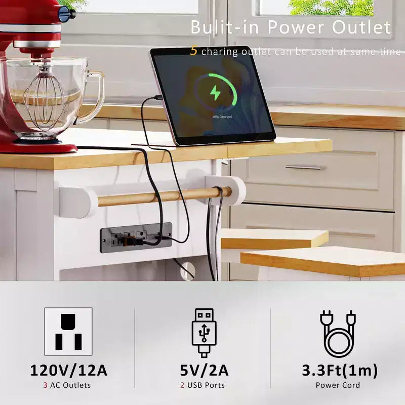 JVNOXK Îlot de cuisine 5 roues de 135 cm avec 2 supports pour tabourets de bar, plateau pliant, étagères latérales ouvertes et tiroirs. Convient aux cuisines. Blanc