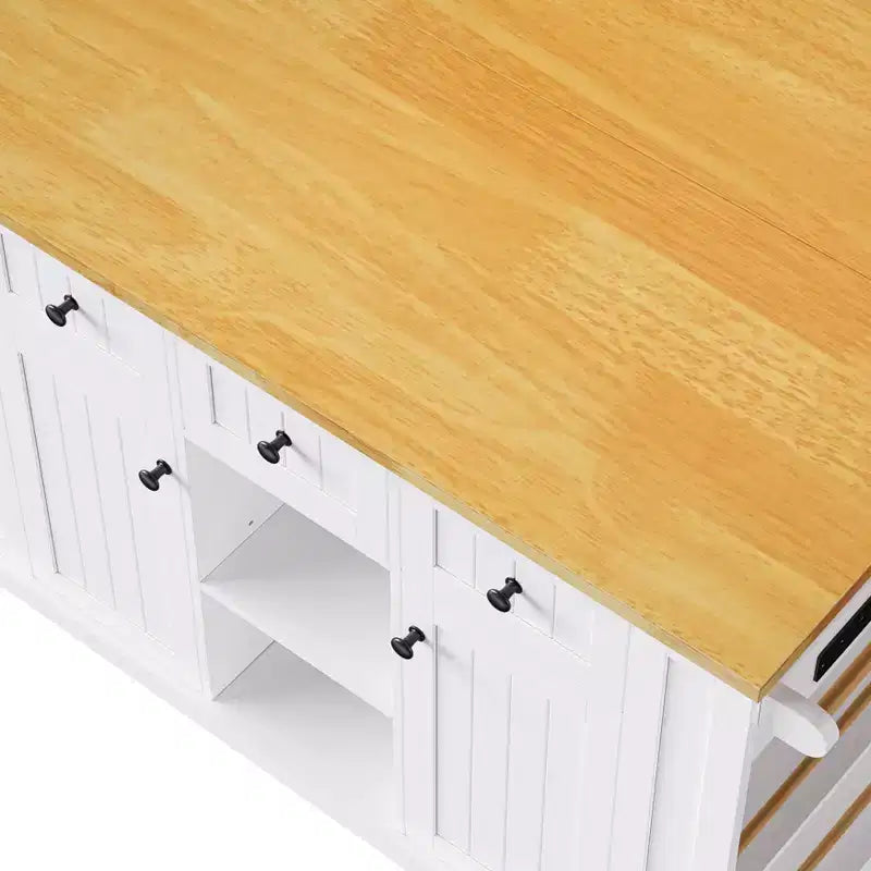JVNOXK Îlot de cuisine 5 roues de 135 cm avec 2 supports pour tabourets de bar, plateau pliant, étagères latérales ouvertes et tiroirs. Convient aux cuisines. Blanc