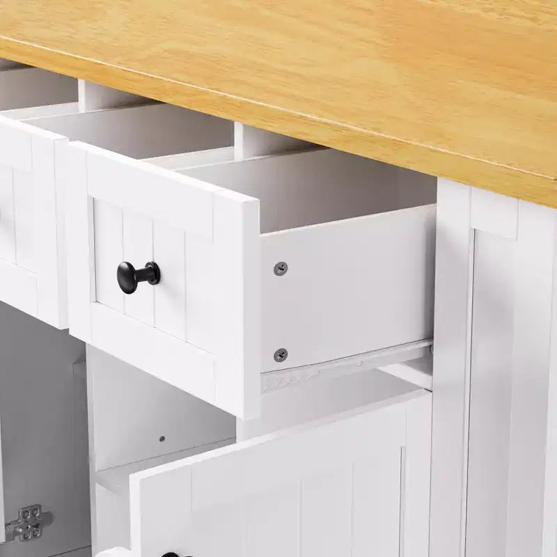 JVNOXK Îlot de cuisine 5 roues de 135 cm avec 2 supports pour tabourets de bar, plateau pliant, étagères latérales ouvertes et tiroirs. Convient aux cuisines. Blanc