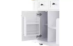 JVNOXK Îlot de cuisine 5 roues de 135 cm avec 2 supports pour tabourets de bar, plateau pliant, étagères latérales ouvertes et tiroirs. Convient aux cuisines. Blanc