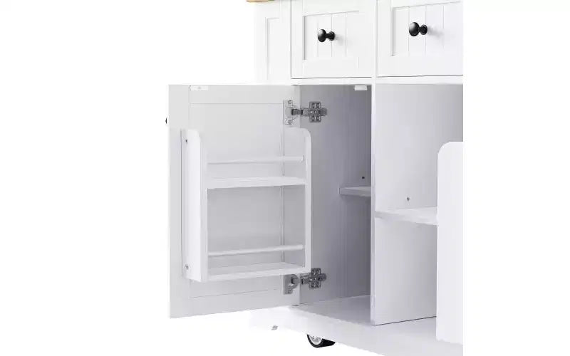 JVNOXK Îlot de cuisine 5 roues de 135 cm avec 2 supports pour tabourets de bar, plateau pliant, étagères latérales ouvertes et tiroirs. Convient aux cuisines. Blanc