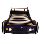 Lit au sol pour enfants, taille jumeau, avec lumière LED, cadre de lit bas en forme de voiture avec barrière de sécurité pour garçons et filles, matelas non inclus