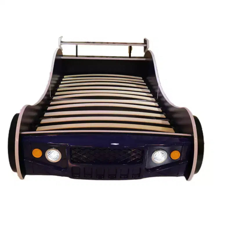 Lit au sol pour enfants, taille jumeau, avec lumière LED, cadre de lit bas en forme de voiture avec barrière de sécurité pour garçons et filles, matelas non inclus
