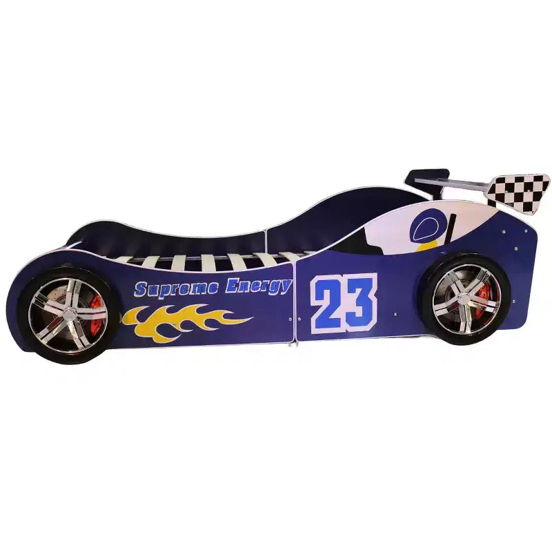 Lit au sol pour enfants, taille jumeau, avec lumière LED, cadre de lit bas en forme de voiture avec barrière de sécurité pour garçons et filles, matelas non inclus