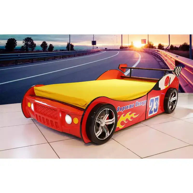 Lit au sol pour enfants, taille jumeau, avec lumière LED, cadre de lit bas en forme de voiture avec barrière de sécurité pour garçons et filles, matelas non inclus