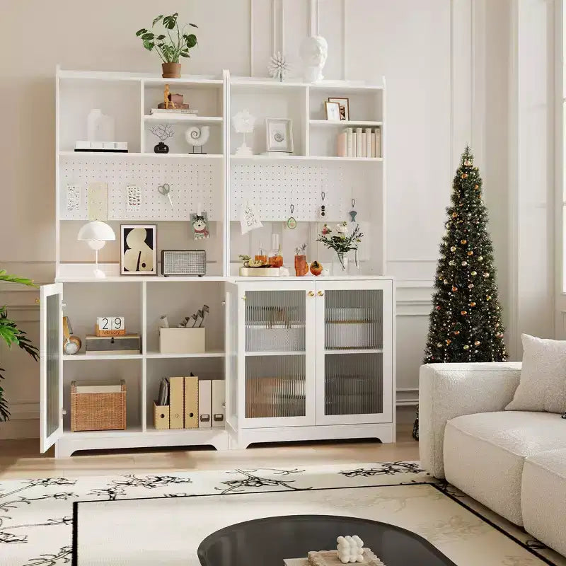 GustoWave Armoire de cuisine autonome de 180 cm avec 2 portes en verre, 7 compartiments de rangement et étagères réglables