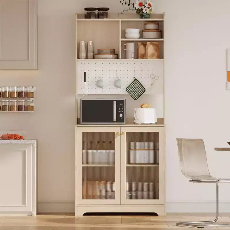 GustoWave Armoire de cuisine autonome de 180 cm avec 2 portes en verre, 7 compartiments de rangement et étagères réglables
