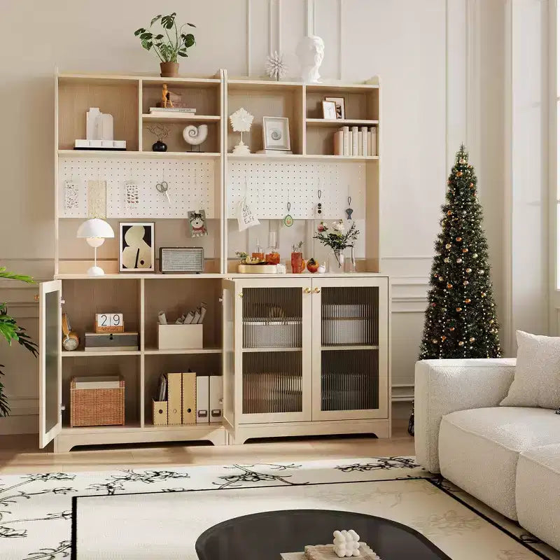GustoWave Armoire de cuisine autonome de 180 cm avec 2 portes en verre, 7 compartiments de rangement et étagères réglables