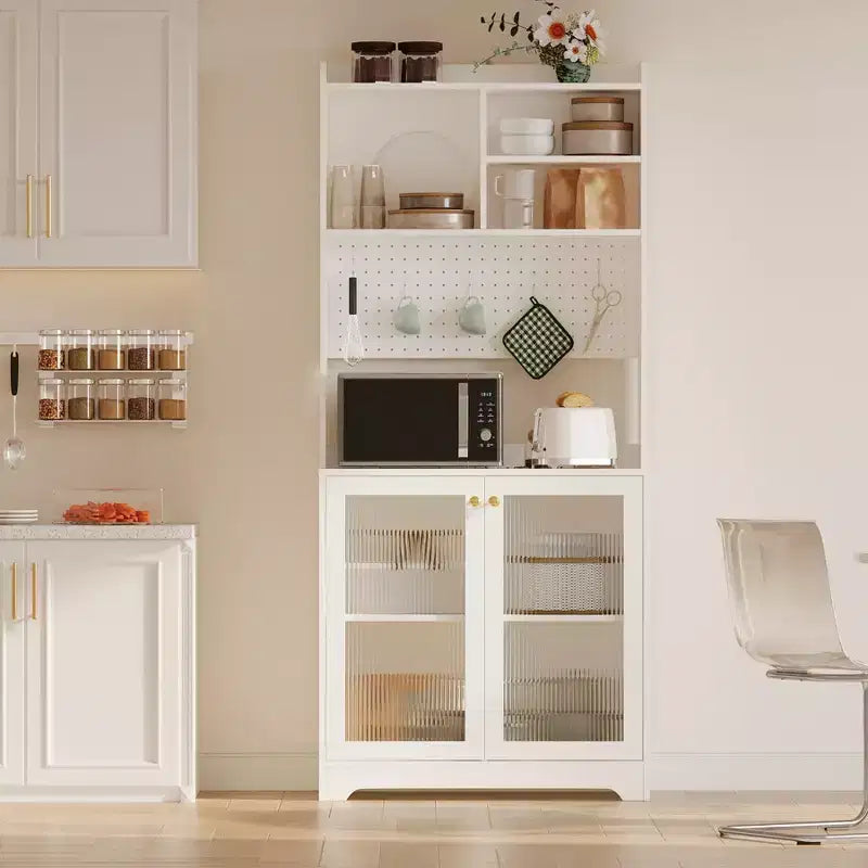 GustoWave Armoire de cuisine autonome de 180 cm avec 2 portes en verre, 7 compartiments de rangement et étagères réglables