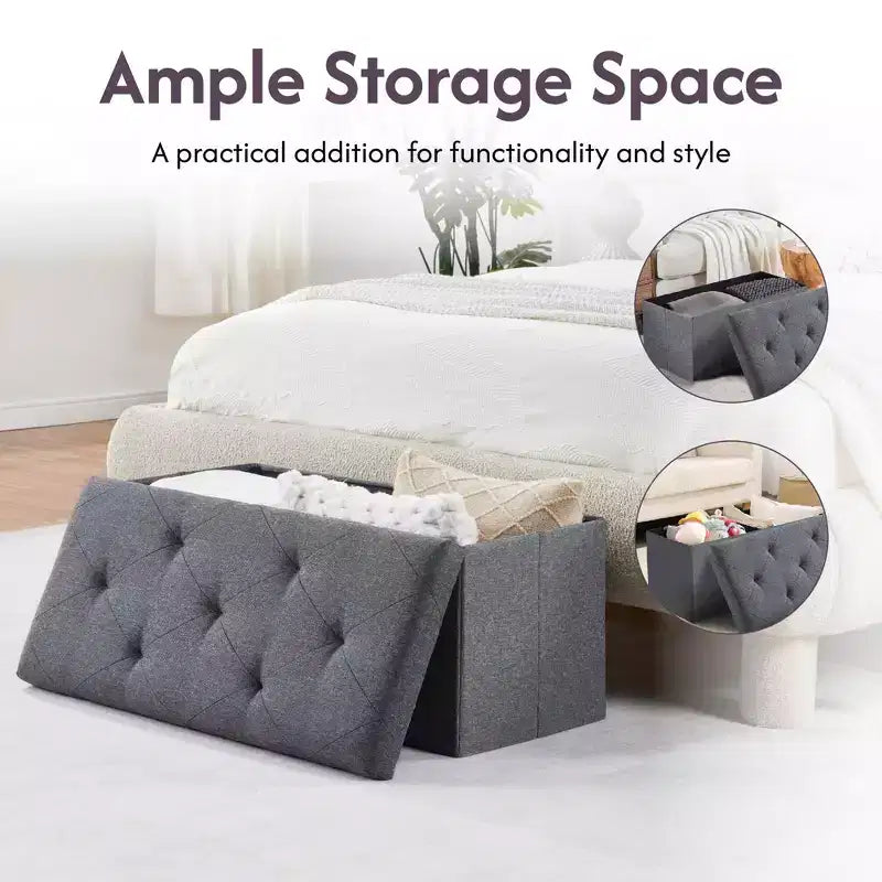 Banc de rangement pliant, Pouf repose-pieds, Banc de bout de lit, Coffre de rangement, avec couvercle rabattable, pour salon, chambre à coucher, entrée, gris