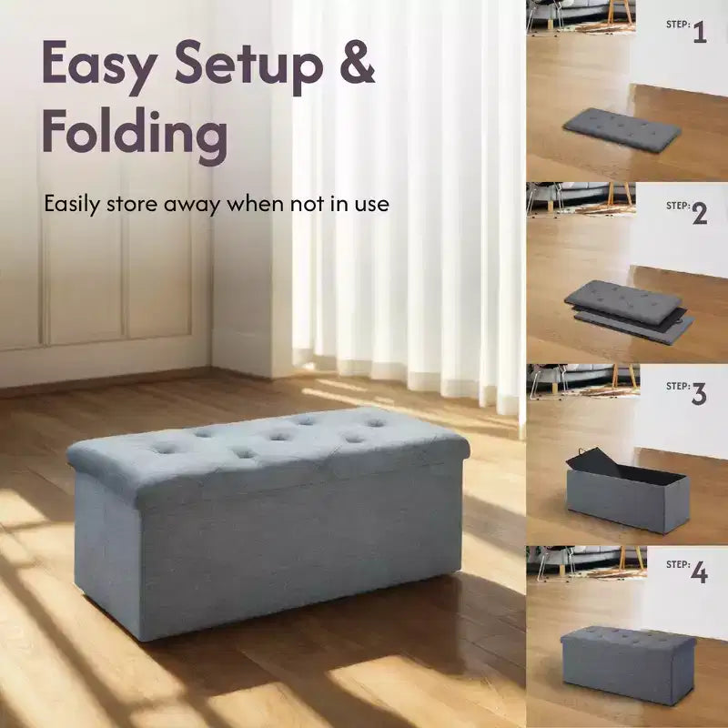 Banc de rangement pliant, Pouf repose-pieds, Banc de bout de lit, Coffre de rangement, avec couvercle rabattable, pour salon, chambre à coucher, entrée, gris